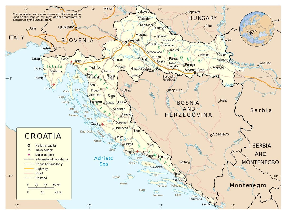 карта з містами Хорватії