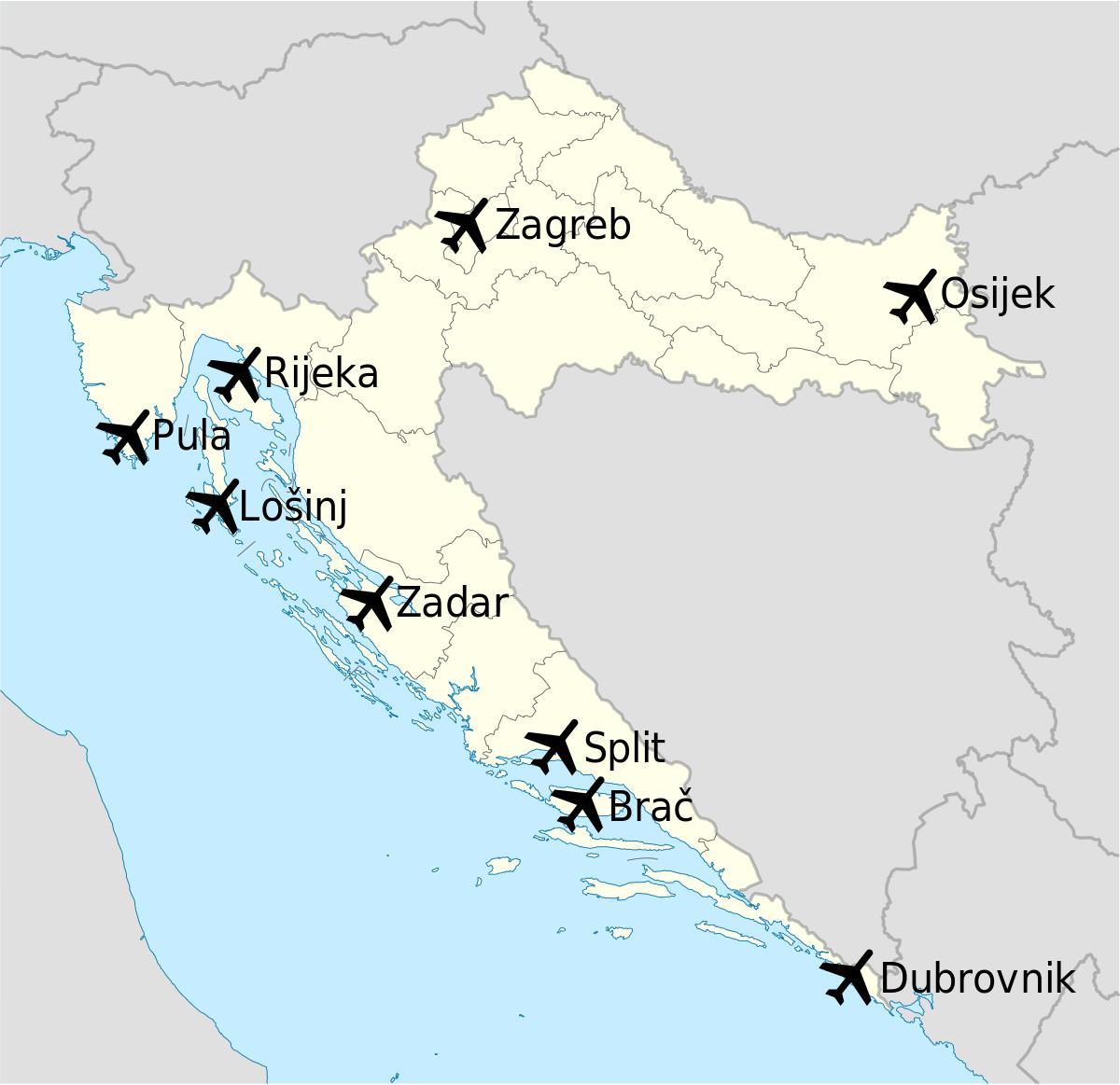 карта Хорватії показуючи аеропортів